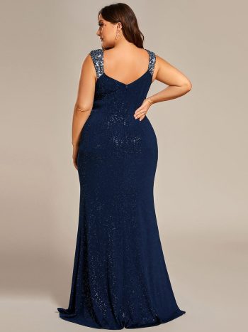 Plus Size Glitter V-Neck High Slit Sequin Shoulder Strap Evening Dress - Navy Blue