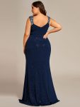 Glitter V-Neck High Slit Sequin Shoulder Strap Evening Dress – Navy Blue