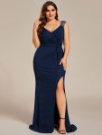 Glitter V-Neck High Slit Sequin Shoulder Strap Evening Dress – Navy Blue