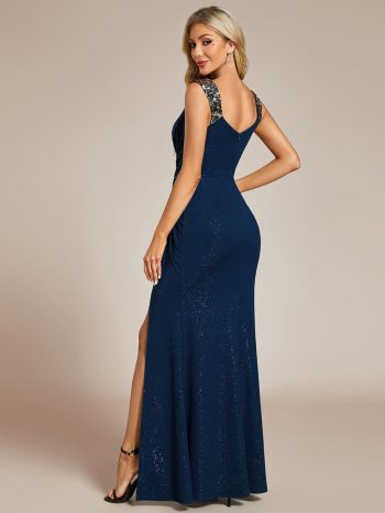 Glitter V-Neck High Slit Sequin Shoulder Strap Evening Dress - Navy Blue