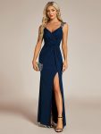 Glitter V-Neck High Slit Sequin Shoulder Strap Evening Dress – Navy Blue