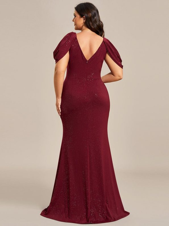 Cold Shoulder Puff Sleeve Shiny Belt Backless Glitter Evening Dress - Burgundy