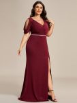 Cold Shoulder Puff Sleeve Shiny Belt Backless Glitter Evening Dress – Burgundy