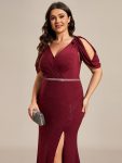 Cold Shoulder Puff Sleeve Shiny Belt Backless Glitter Evening Dress – Burgundy