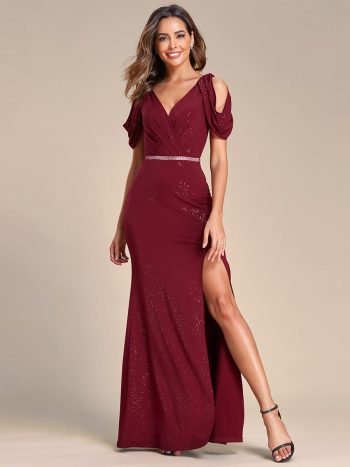 Cold Shoulder Puff Sleeve Shiny Belt Backless Glitter Evening Dress - Burgundy
