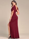 Cold Shoulder Puff Sleeve Shiny Belt Backless Glitter Evening Dress – Burgundy