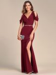 Cold Shoulder Puff Sleeve Shiny Belt Backless Glitter Evening Dress – Burgundy