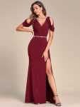 Cold Shoulder Puff Sleeve Shiny Belt Backless Glitter Evening Dress – Burgundy