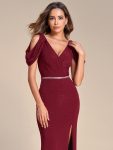 Cold Shoulder Puff Sleeve Shiny Belt Backless Glitter Evening Dress – Burgundy