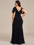 Cold Shoulder Puff Sleeve Shiny Belt Backless Glitter Evening Dress – Black