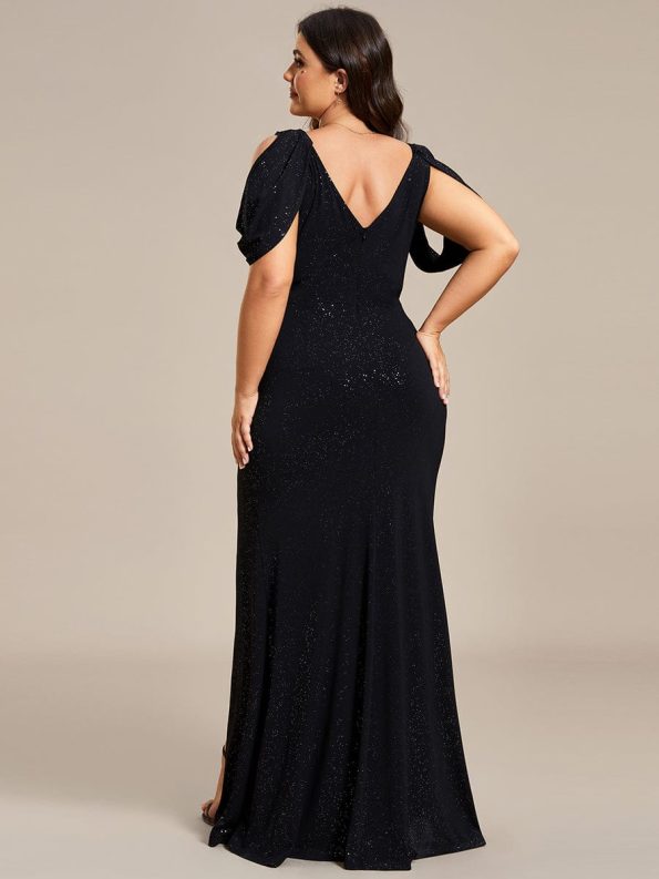 Cold Shoulder Puff Sleeve Shiny Belt Backless Glitter Evening Dress - Black