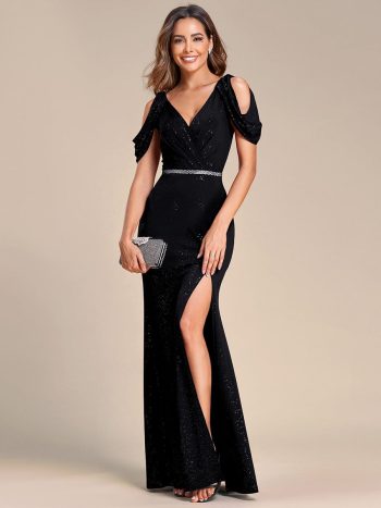 Cold Shoulder Puff Sleeve Shiny Belt Backless Glitter Evening Dress - Black