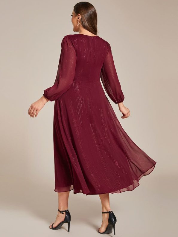 See-Through Long Sleeve Twist Knot A-Line Lotus Leaf Shimmering Evening Dress - Burgundy