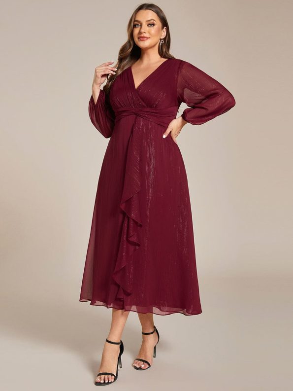 See-Through Long Sleeve Twist Knot A-Line Lotus Leaf Shimmering Evening Dress - Burgundy