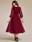 See-Through Long Sleeve Twist Knot A-Line Lotus Leaf Shimmering Evening Dress – Burgundy