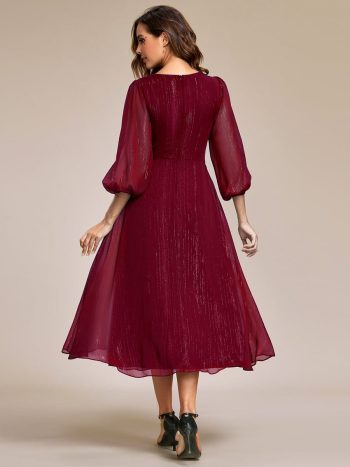 See-Through Long Sleeve Twist Knot A-Line Lotus Leaf Shimmering Evening Dress - Burgundy