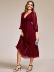 See-Through Long Sleeve Twist Knot A-Line Lotus Leaf Shimmering Evening Dress – Burgundy