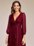 See-Through Long Sleeve Twist Knot A-Line Lotus Leaf Shimmering Evening Dress – Burgundy