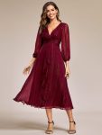 See-Through Long Sleeve Twist Knot A-Line Lotus Leaf Shimmering Evening Dress – Burgundy