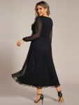 See-Through Long Sleeve Twist Knot A-Line Lotus Leaf Shimmering Evening Dress – Black