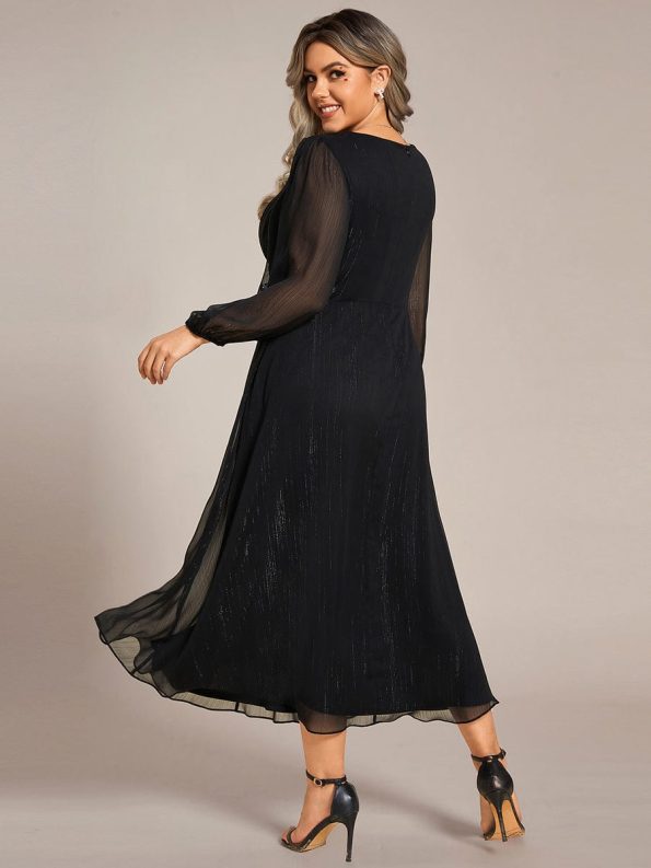 See-Through Long Sleeve Twist Knot A-Line Lotus Leaf Shimmering Evening Dress - Black