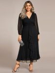 See-Through Long Sleeve Twist Knot A-Line Lotus Leaf Shimmering Evening Dress – Black