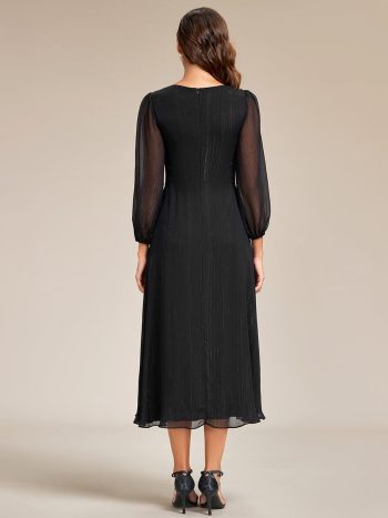 See-Through Long Sleeve Twist Knot A-Line Lotus Leaf Shimmering Evening Dress - Black