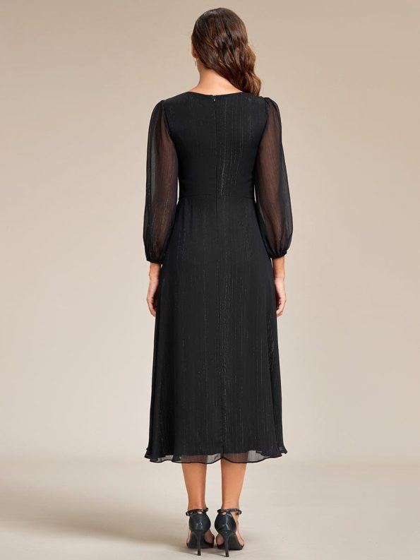 See-Through Long Sleeve Twist Knot A-Line Lotus Leaf Shimmering Evening Dress - Black