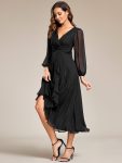 See-Through Long Sleeve Twist Knot A-Line Lotus Leaf Shimmering Evening Dress – Black