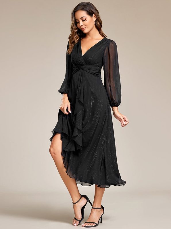 See-Through Long Sleeve Twist Knot A-Line Lotus Leaf Shimmering Evening Dress - Black