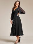 See-Through Long Sleeve Twist Knot A-Line Lotus Leaf Shimmering Evening Dress – Black