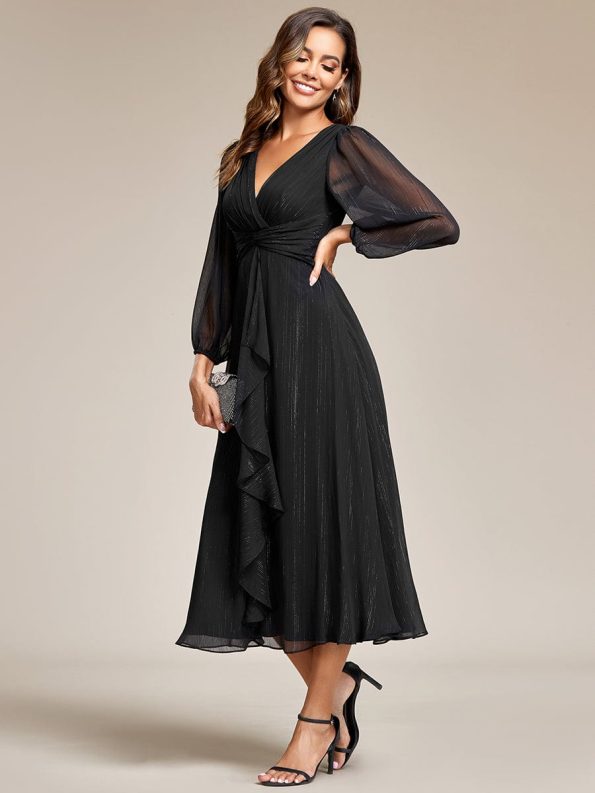 See-Through Long Sleeve Twist Knot A-Line Lotus Leaf Shimmering Evening Dress - Black