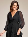 See-Through Long Sleeve Twist Knot A-Line Lotus Leaf Shimmering Evening Dress – Black