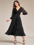 See-Through Long Sleeve Twist Knot A-Line Lotus Leaf Shimmering Evening Dress – Black