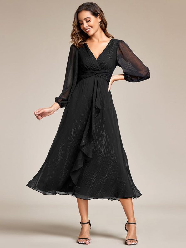 See-Through Long Sleeve Twist Knot A-Line Lotus Leaf Shimmering Evening Dress - Black