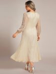 See-Through Long Sleeve Twist Knot A-Line Lotus Leaf Shimmering Evening Dress – Champagne