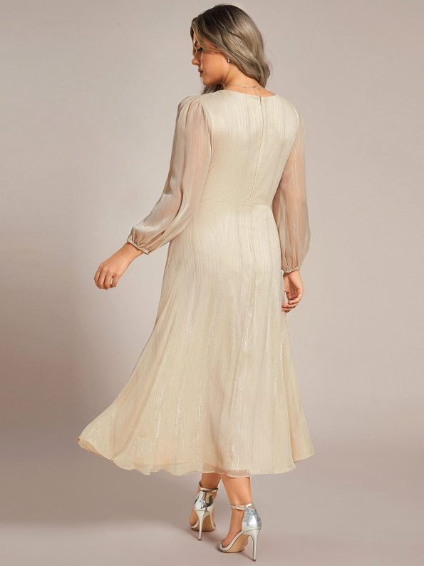 See-Through Long Sleeve Twist Knot A-Line Lotus Leaf Shimmering Evening Dress - Champagne