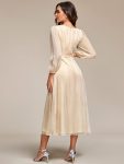 See-Through Long Sleeve Twist Knot A-Line Lotus Leaf Shimmering Evening Dress – Champagne