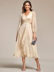 See-Through Long Sleeve Twist Knot A-Line Lotus Leaf Shimmering Evening Dress – Champagne