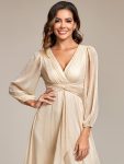 See-Through Long Sleeve Twist Knot A-Line Lotus Leaf Shimmering Evening Dress – Champagne