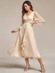 See-Through Long Sleeve Twist Knot A-Line Lotus Leaf Shimmering Evening Dress – Champagne