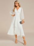 See-Through Long Sleeve Twist Knot A-Line Lotus Leaf Shimmering Evening Dress – Cream