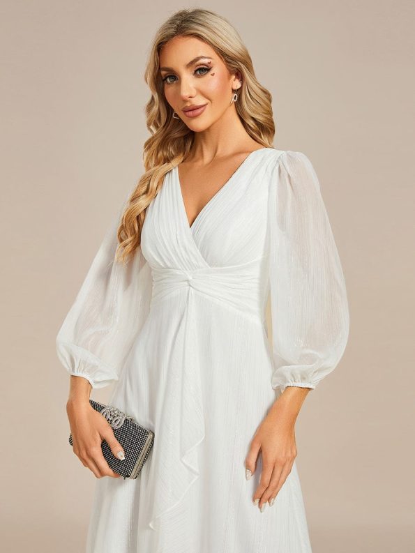 See-Through Long Sleeve Twist Knot A-Line Lotus Leaf Shimmering Evening Dress - Cream