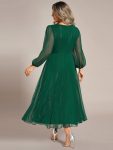 See-Through Long Sleeve Twist Knot A-Line Lotus Leaf Shimmering Evening Dress – Dark Green