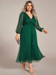 See-Through Long Sleeve Twist Knot A-Line Lotus Leaf Shimmering Evening Dress – Dark Green