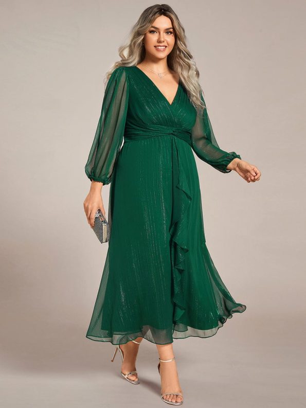 See-Through Long Sleeve Twist Knot A-Line Lotus Leaf Shimmering Evening Dress - Dark Green