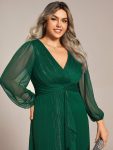 See-Through Long Sleeve Twist Knot A-Line Lotus Leaf Shimmering Evening Dress – Dark Green