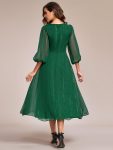 See-Through Long Sleeve Twist Knot A-Line Lotus Leaf Shimmering Evening Dress – Dark Green