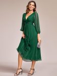 See-Through Long Sleeve Twist Knot A-Line Lotus Leaf Shimmering Evening Dress – Dark Green