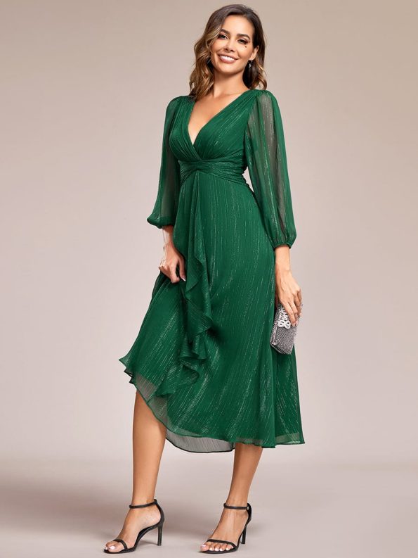 See-Through Long Sleeve Twist Knot A-Line Lotus Leaf Shimmering Evening Dress - Dark Green